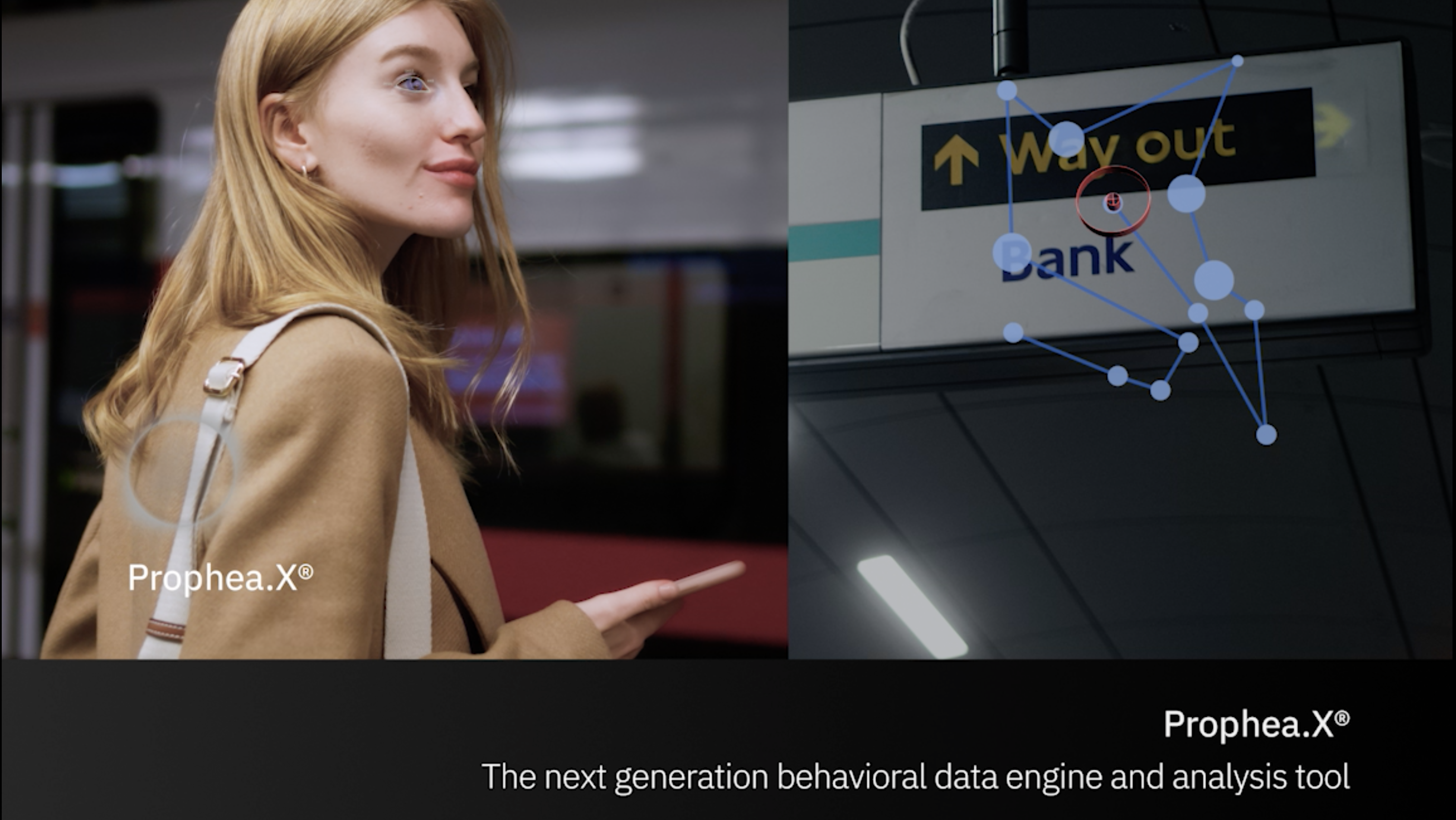 A woman being eye-tracked in a metro station while looking at the sign 'Way Out'. Her Gaze-path is visible as a pointed gazemap with sacaade duration represented by circle sizes of her gaze´s dwelling position.